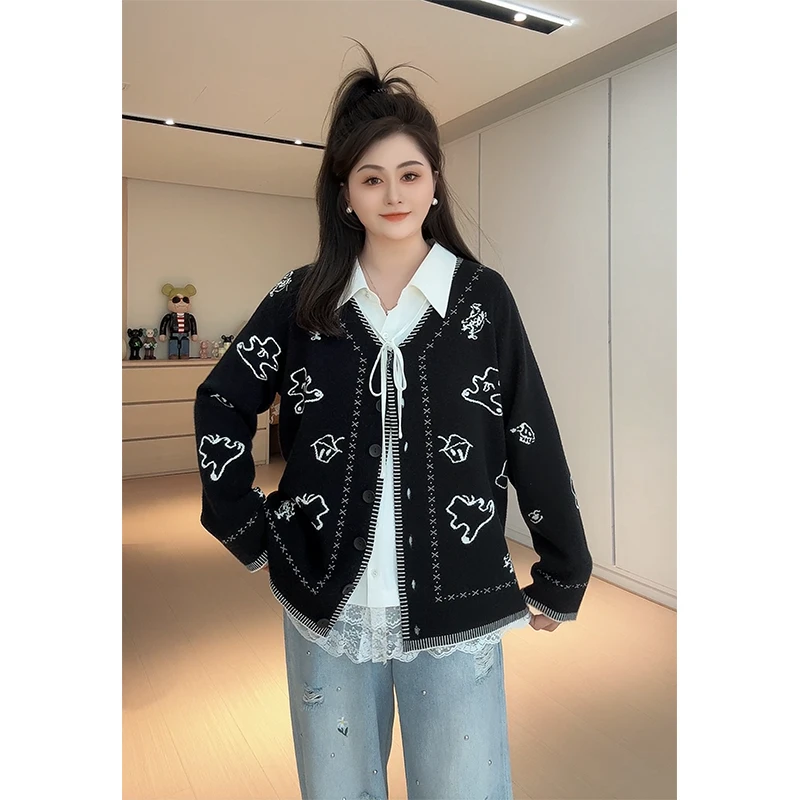 【胖佳佳】饼干熊 v领针织开衫时尚印花毛衣外套H625Z01270