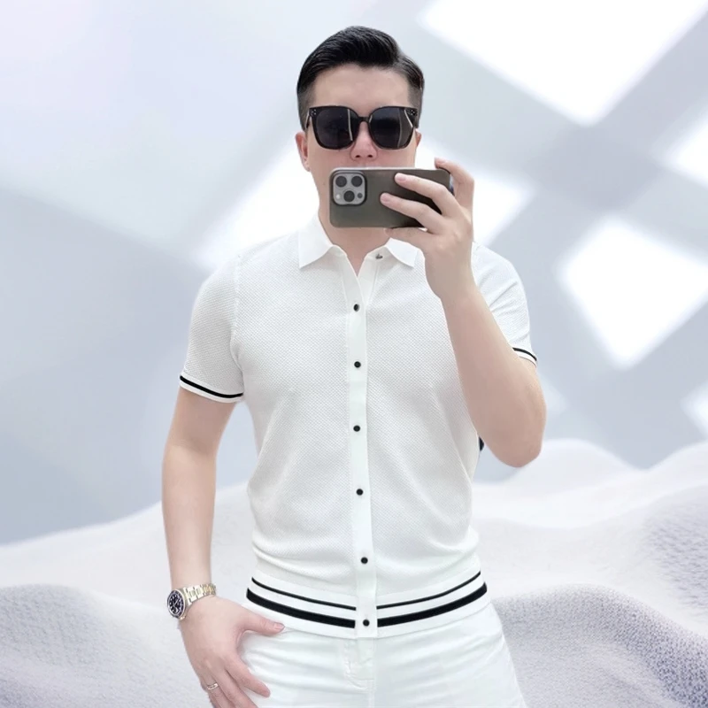 宾斯洛特夏季新款潮牌修身帅气弹力翻领冰丝短袖T恤男潮针织衫