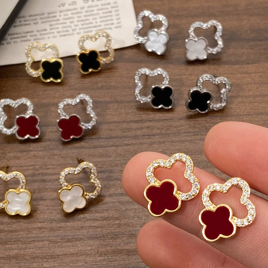 铜合金锆石耳饰 镶钻镂空幸运四叶草花朵耳钉通勤2025新款爆款女