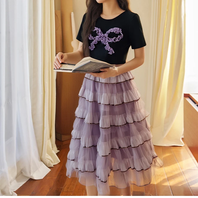 9359撞色拼接假两件短袖连衣裙女2025夏季新款洋气减龄显瘦中长款