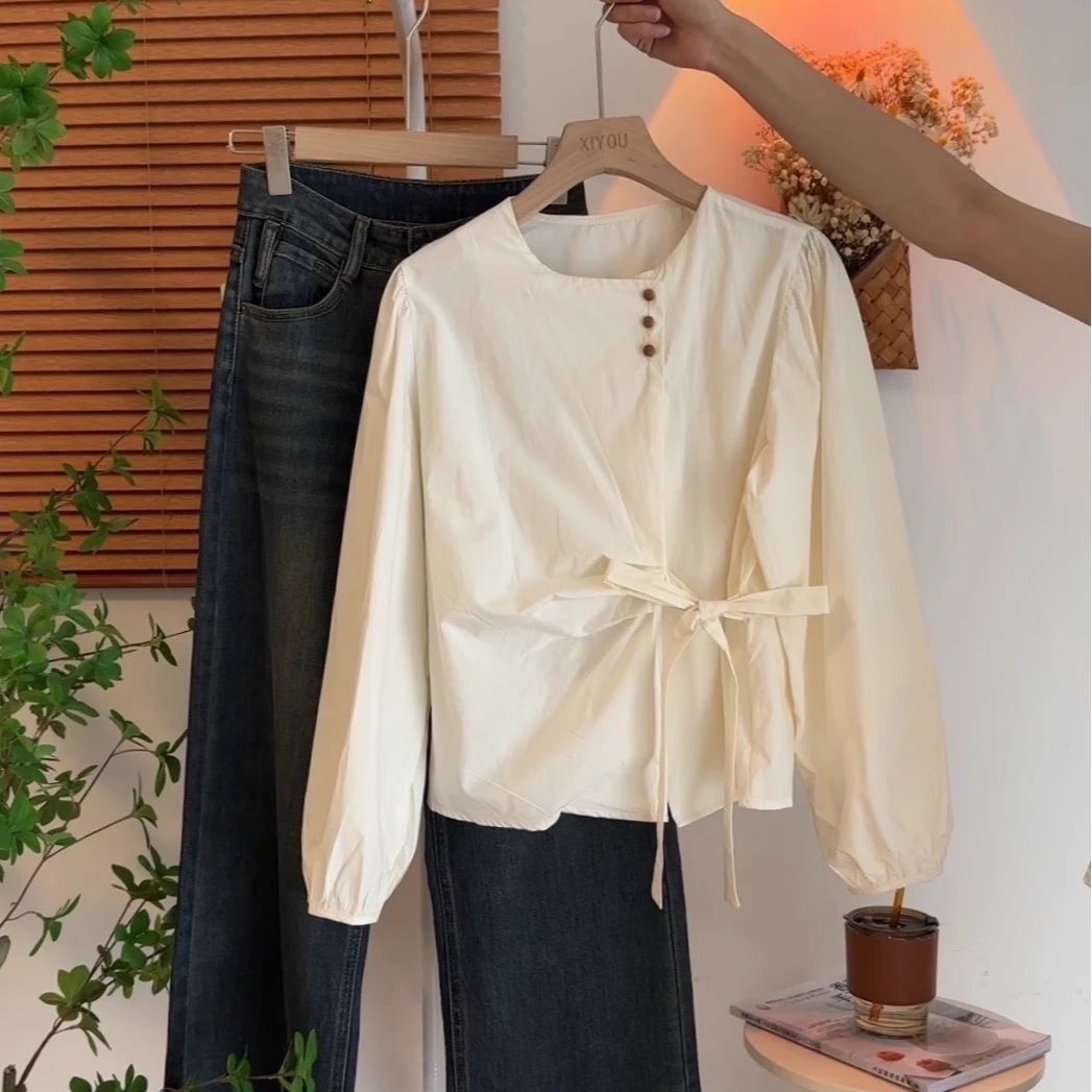 9916纯棉新款百搭显瘦休闲秋季韩版设计感系带圆领衬衫女衬衣上衣