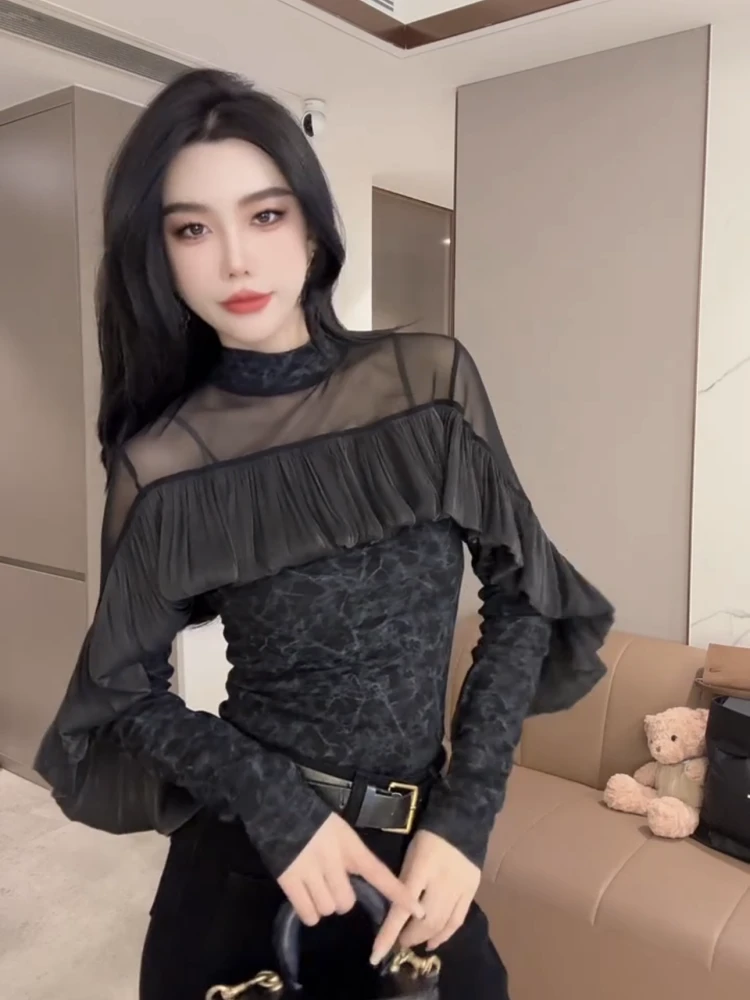 网纱拼接女立领荷叶边长袖抓绒T恤显瘦打底衫秋冬上衣时尚蕾丝衫