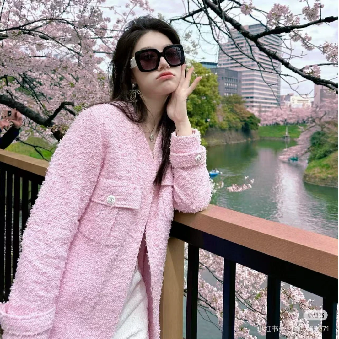 99新 Chanel/香奈儿 粉色粗花昵中长款外套/f34/编号7802