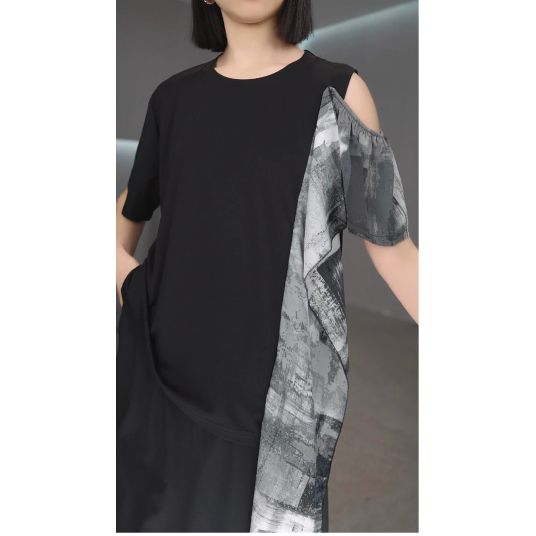 鑫鑫水墨拼接设计感短袖T恤2025夏季个性不规则洋气上衣女21016