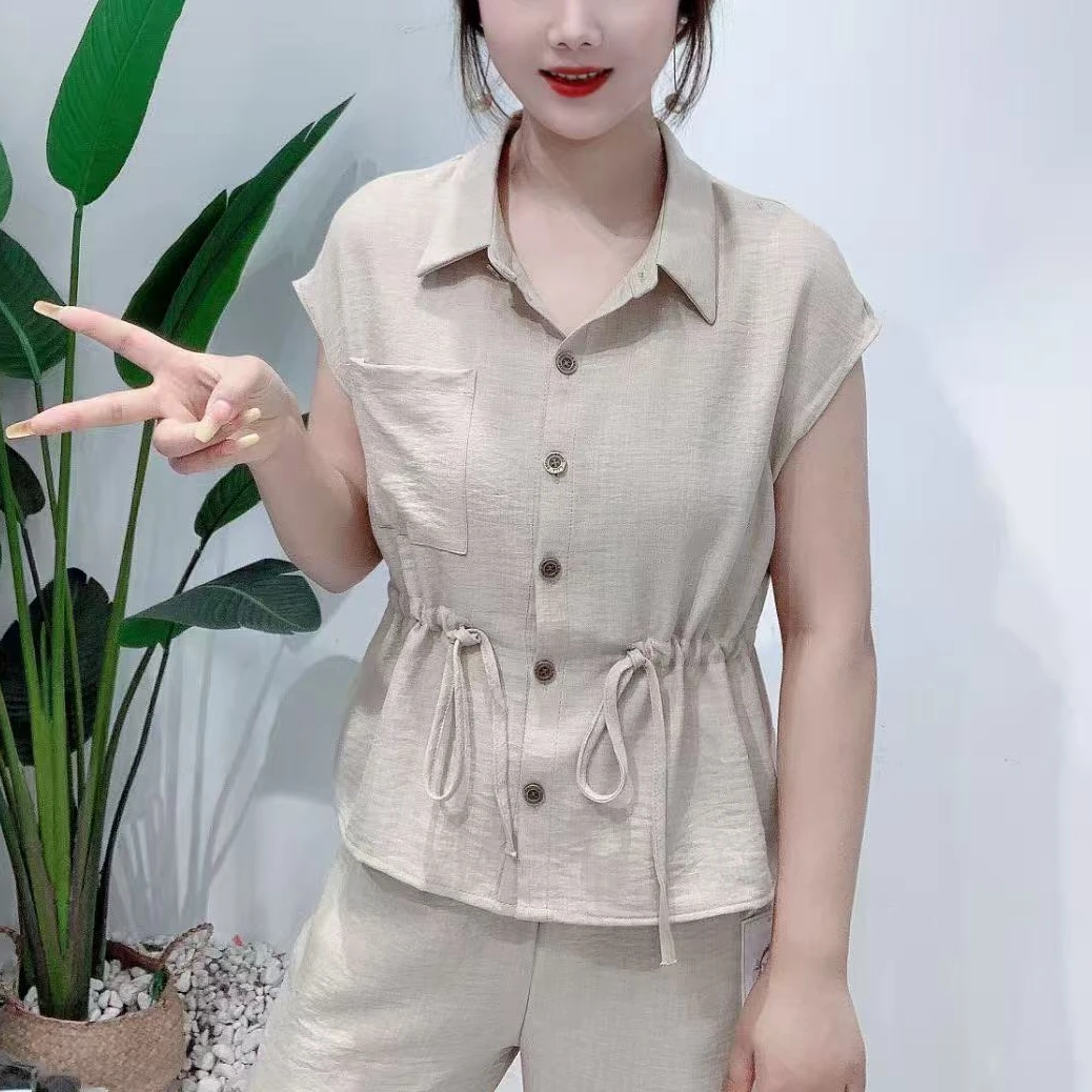 2025夏季新款衬衫T恤气质显瘦女士时尚套装休闲风上衣女装阔腿裤