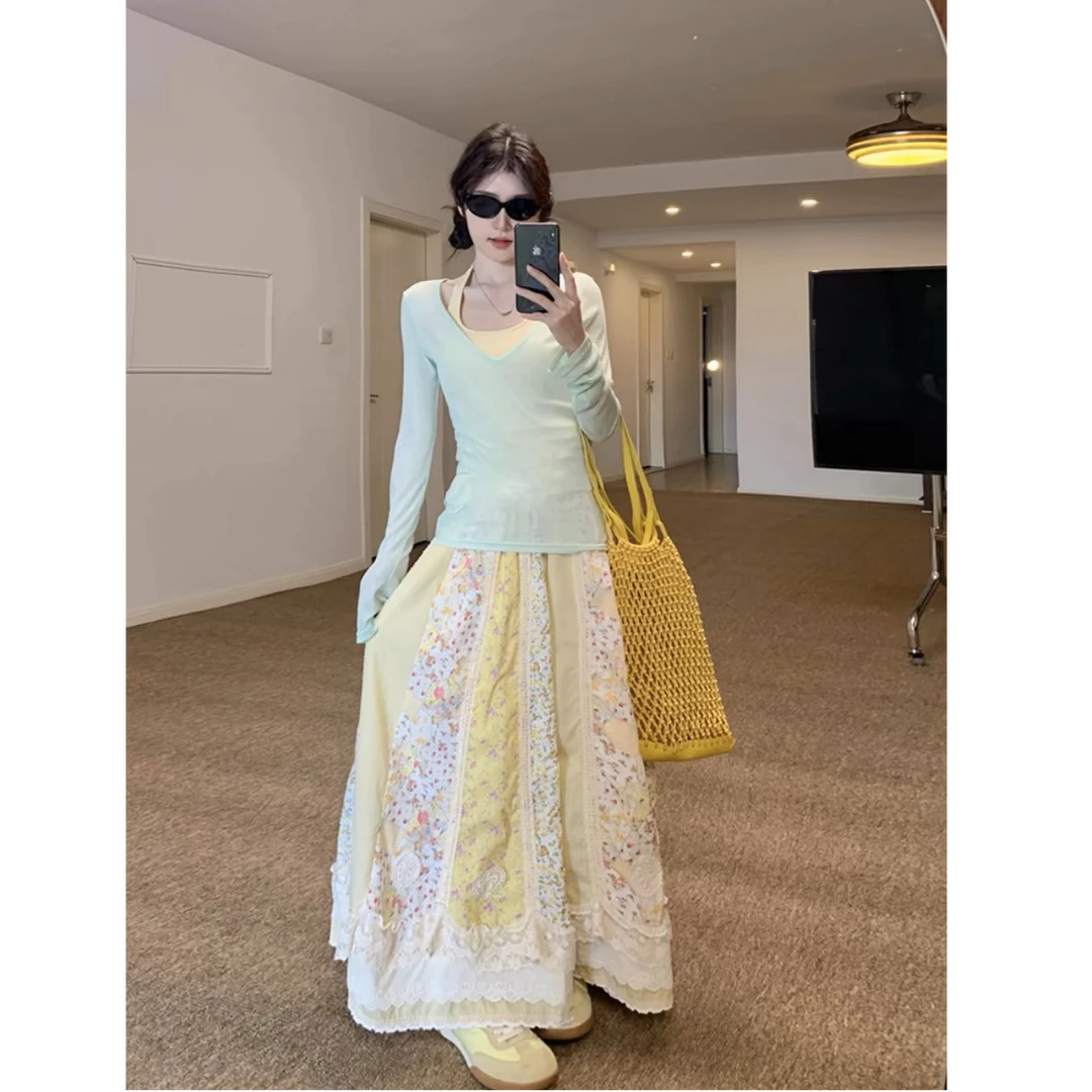 春季小清新穿搭女薄荷绿长袖罩衫背心两件套森系拼接碎花半身长裙