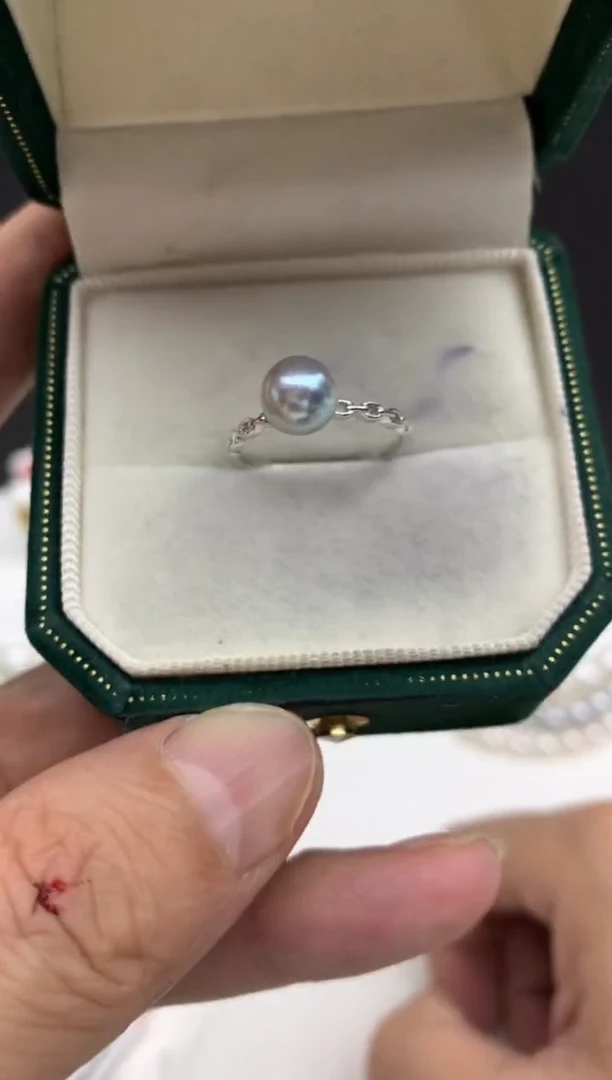 银S925镶嵌ff海水珍珠akoya灰珠戒指7~8mm