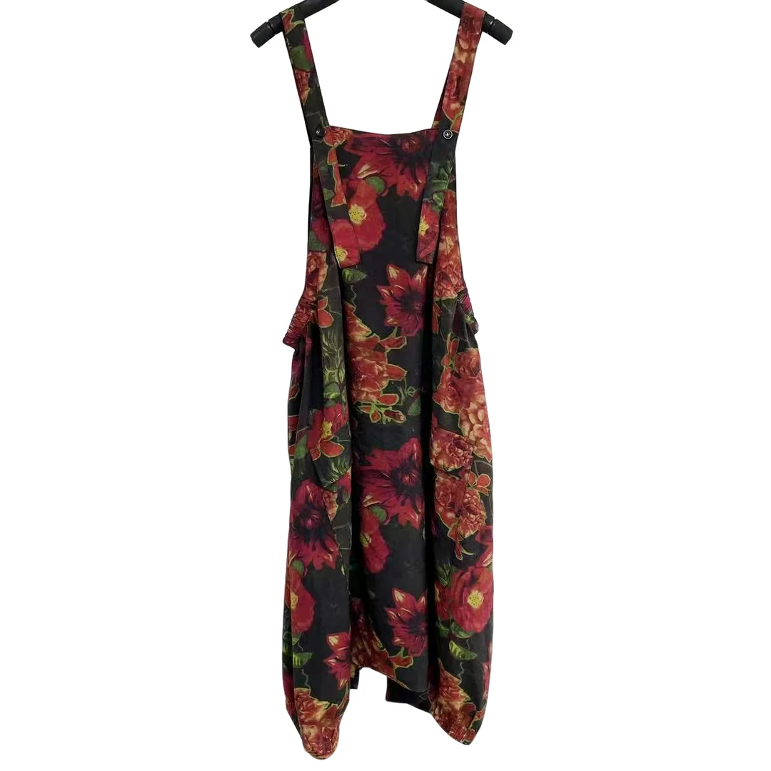 恬小霓（玲玲姐精选）2700/黑底/红大花/背带裤/宽松/民族风/时尚