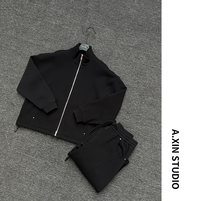 【轻奢系列】秋冬男士加绒宽松阔版简约针织夹克外套裤子套装