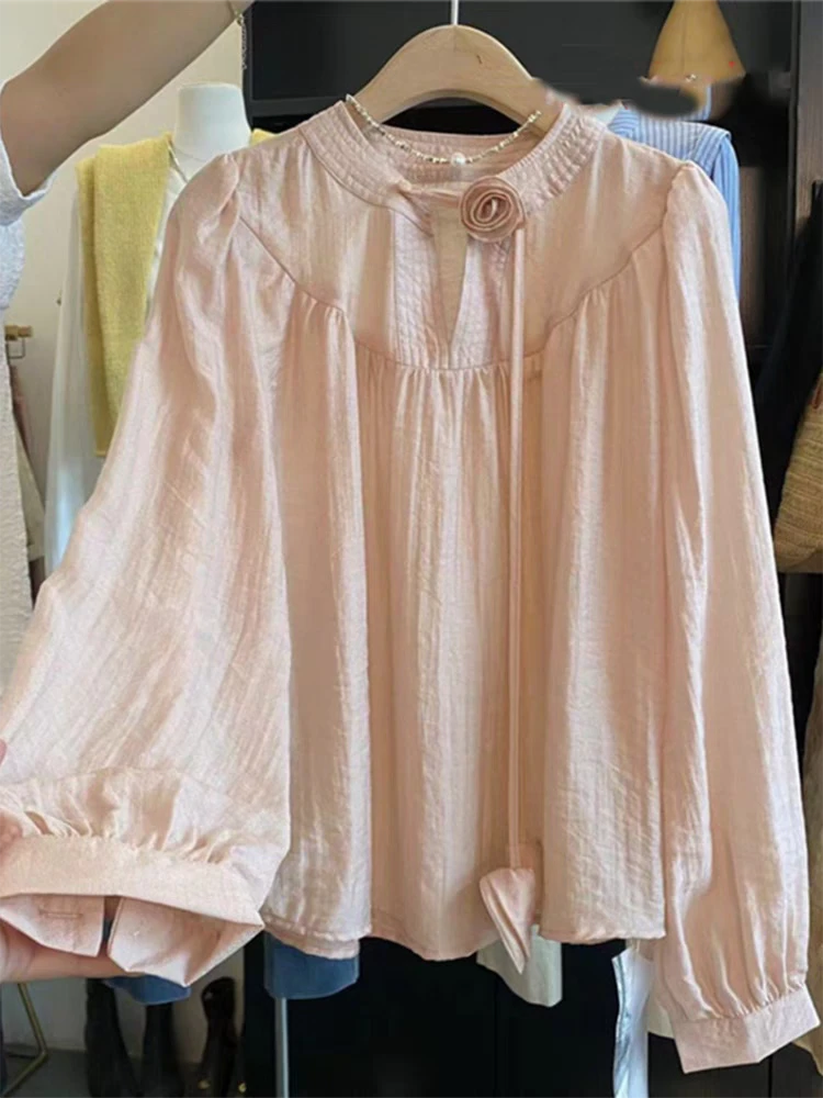 【328】系带灯笼袖通勤衬衫韩系花边衬衣女士百搭气质荷叶边宽松