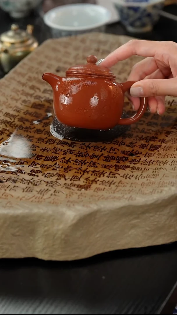 茶壶紫砂粗砂朱泥刻绘匏尊170cc