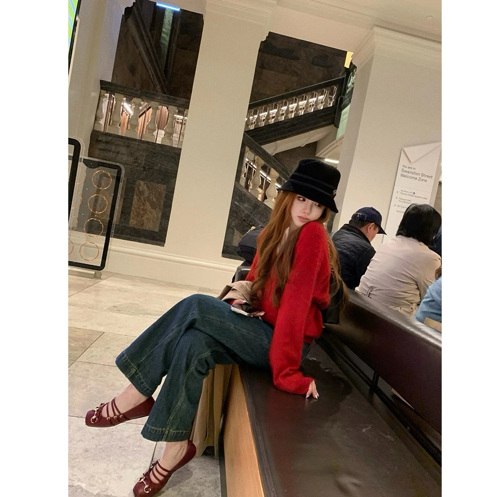 韩系甜美少女时尚ins气质显瘦V领宽松上衣配显瘦高腰休闲裤子套装