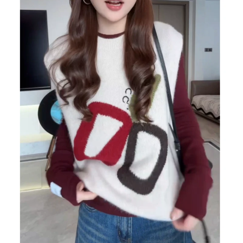 新款休闲通勤宽松创意感图案毛衣马甲针织背心 LK2509138