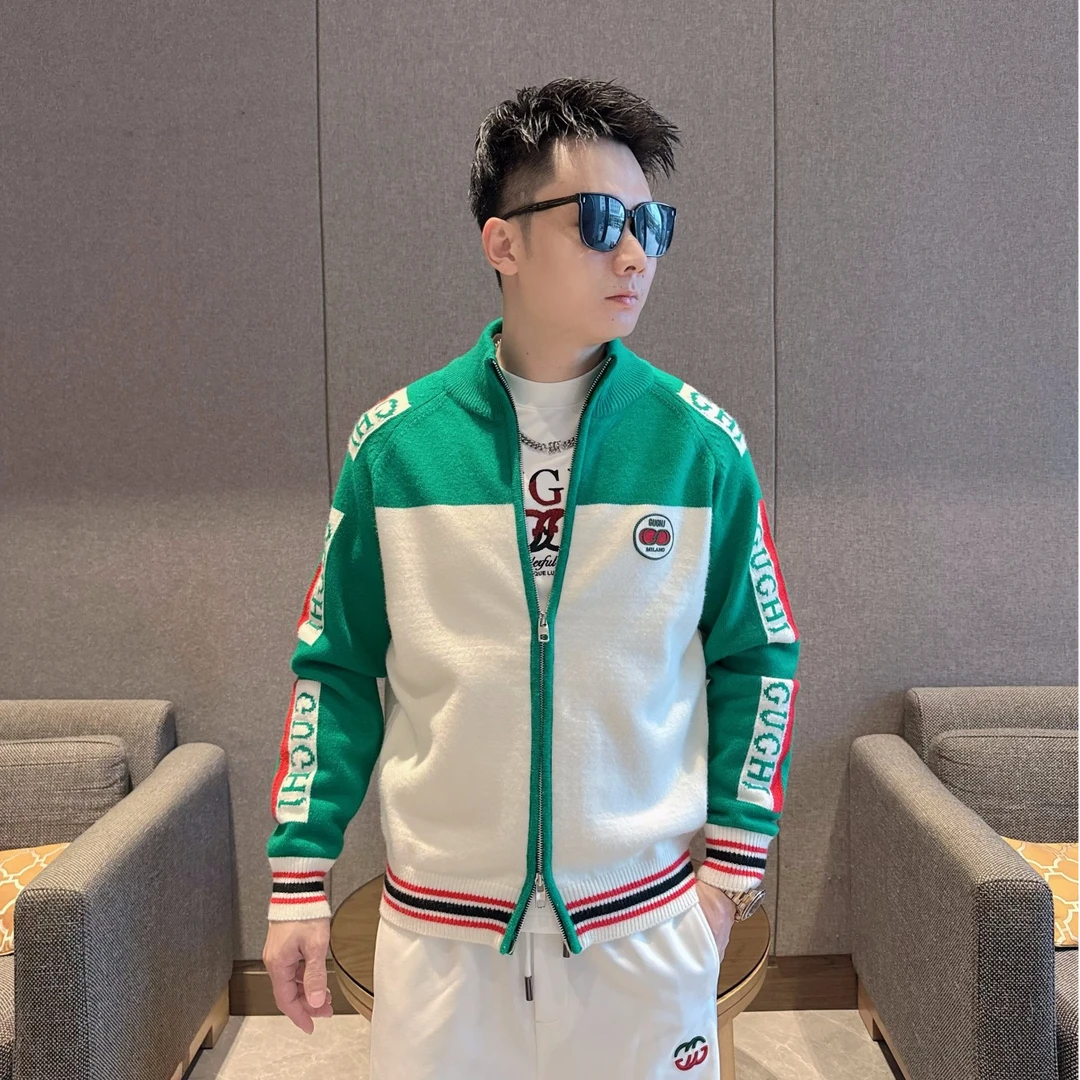 2025男士秋冬季撞色羊毛外套欧货时尚针织立领毛衣拼接潮流开衫