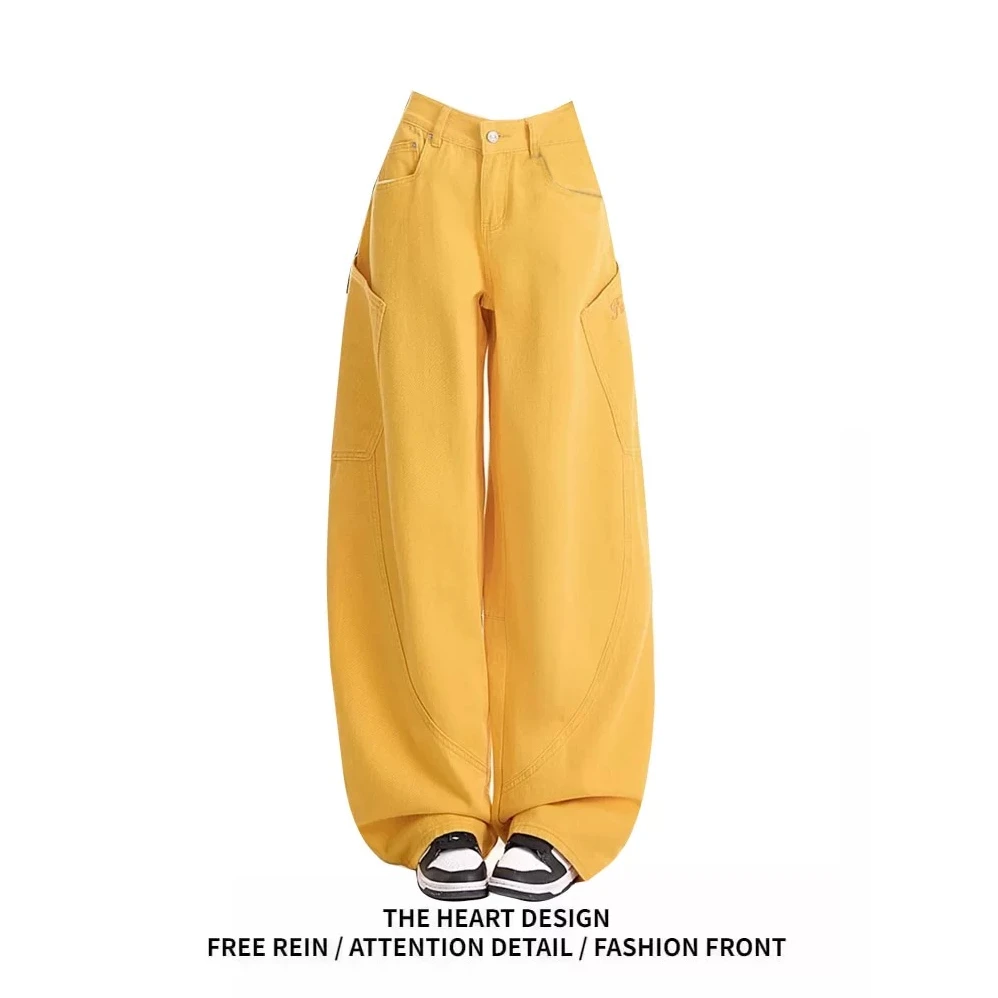 美式复古黄色弯刀牛仔裤女春秋季新款设计感小众宽松垂感阔腿裤子