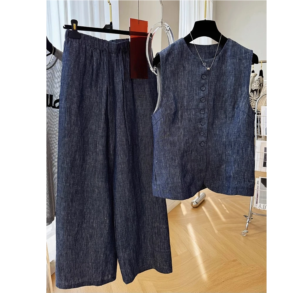 复古300斤特大码港式无袖马甲上衣松紧裤夏季男女慵懒简约两件套