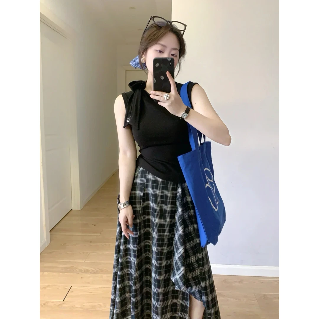 时尚不规则绑带无袖针织t恤女夏季小个子修身短款上衣半身裙套装