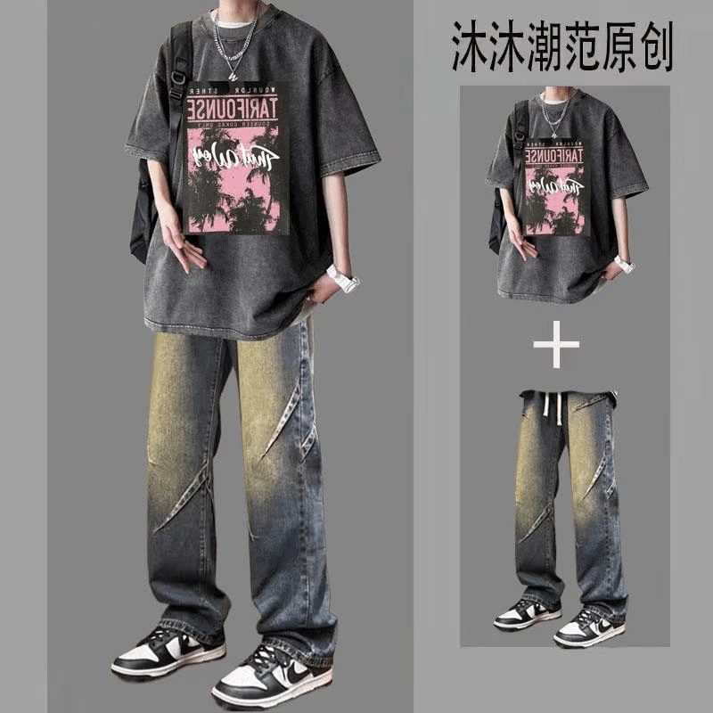 复古短袖夏季套装男士T恤潮流宽松男装一套搭配痞帅牛仔裤两件套