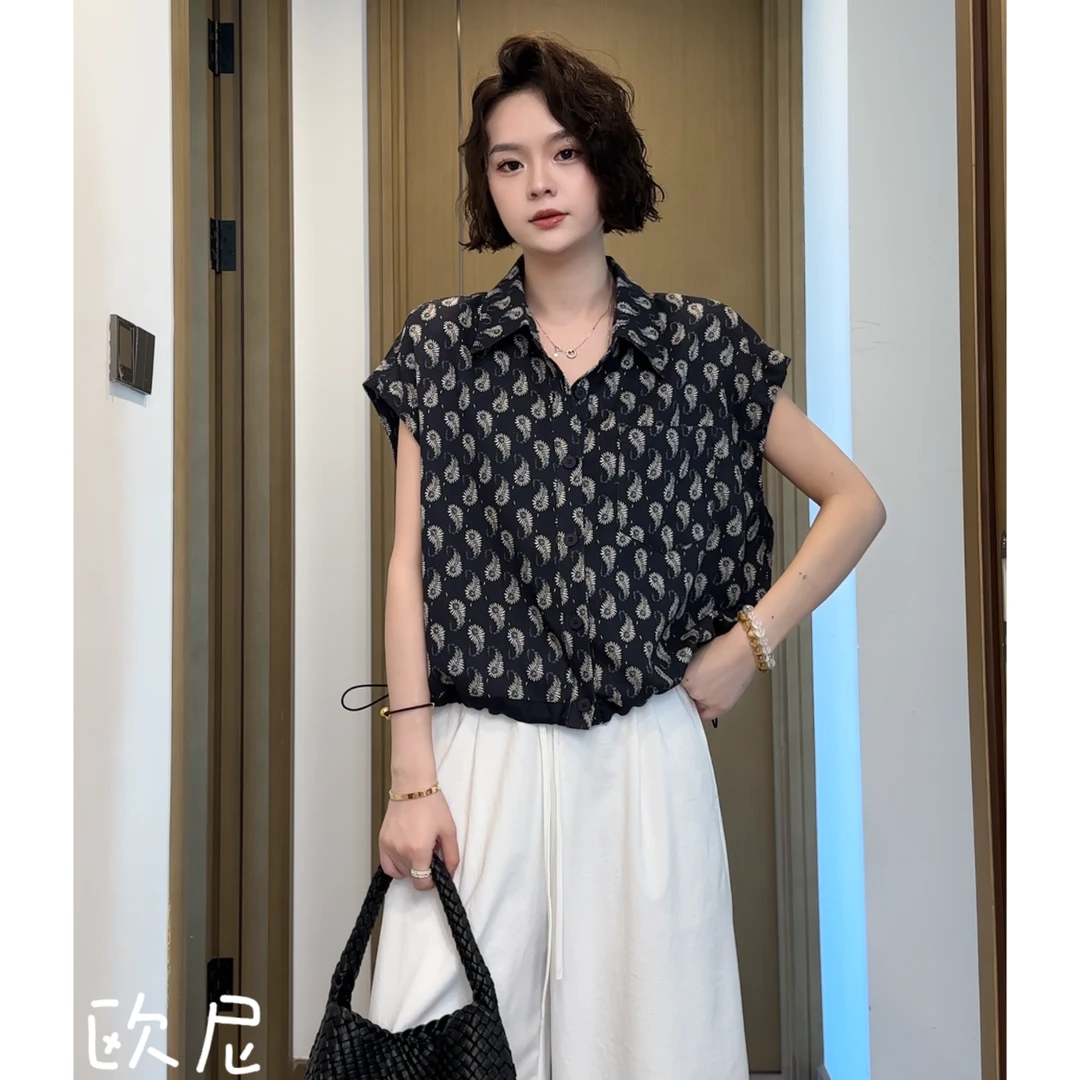 欧尼私服 2025夏腰果花印花百搭通勤韩系天丝亚麻衬衫2505C2760