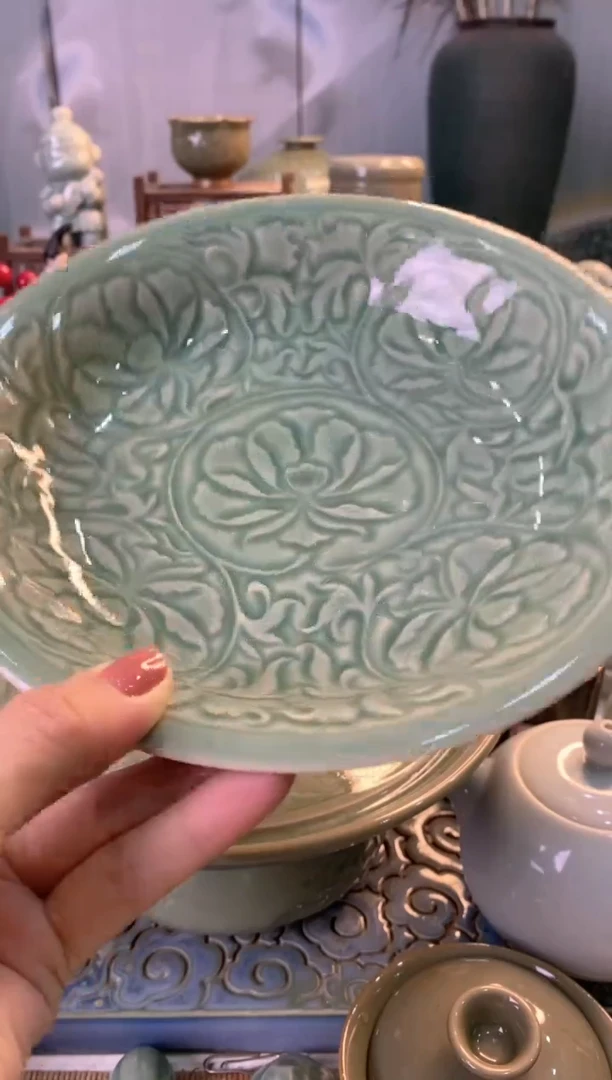 耀州窑老*新品 000208 青釉牡丹盘 2个