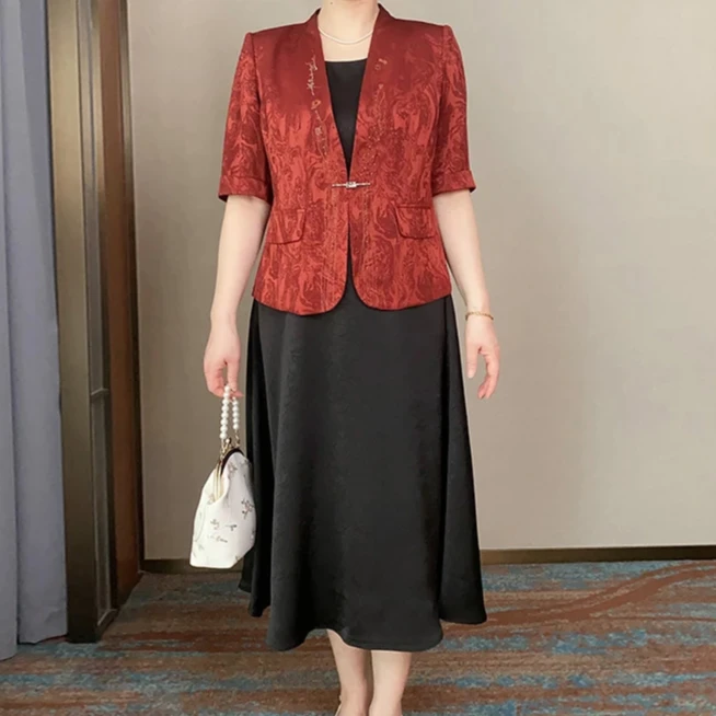 洋气妈妈夏装喜庆婚礼服连衣裙两件套夏季新款中年女中老年长裙子