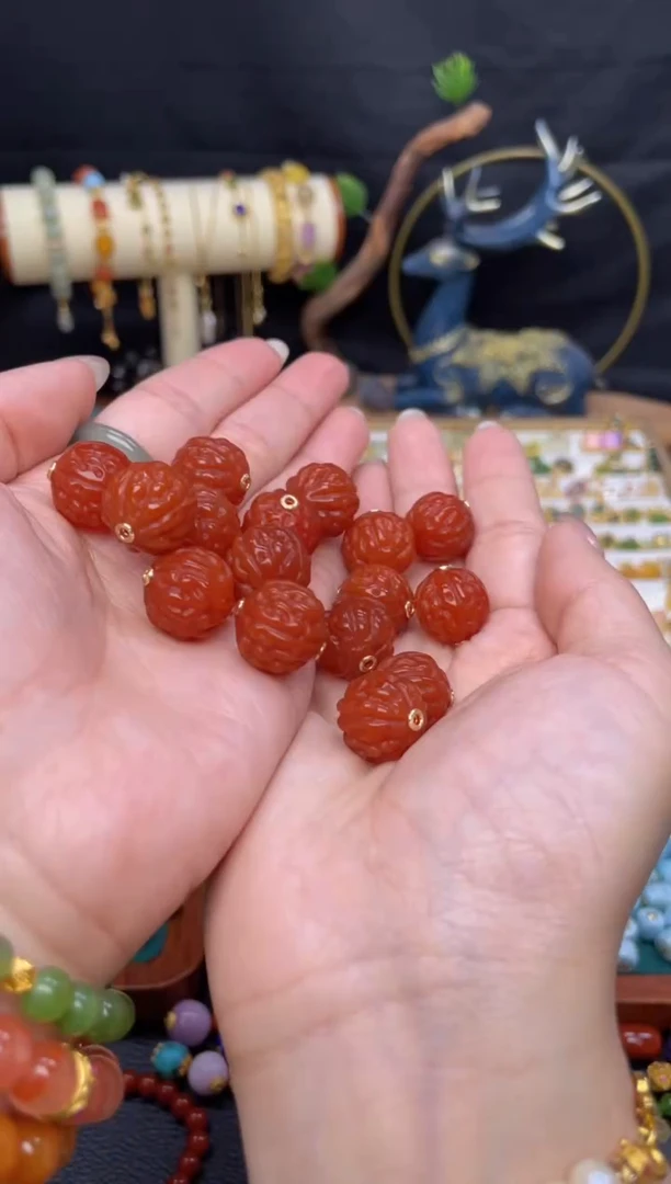 玛瑙/玉髓核桃珠18K金镶嵌单个装  多样性发起一