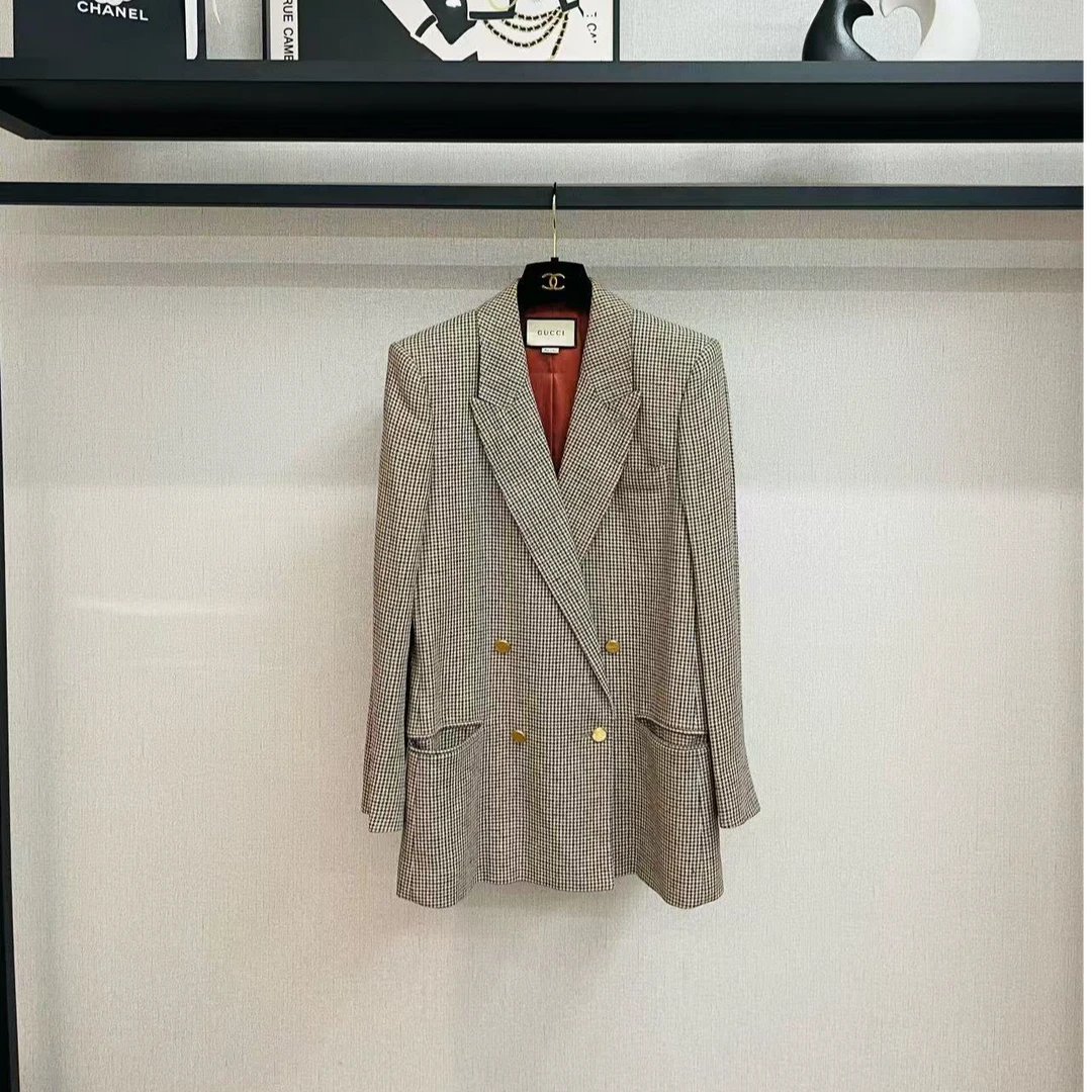 95新 GUCCI/古驰 千鸟格棕色西服外套/f38/编号5110
