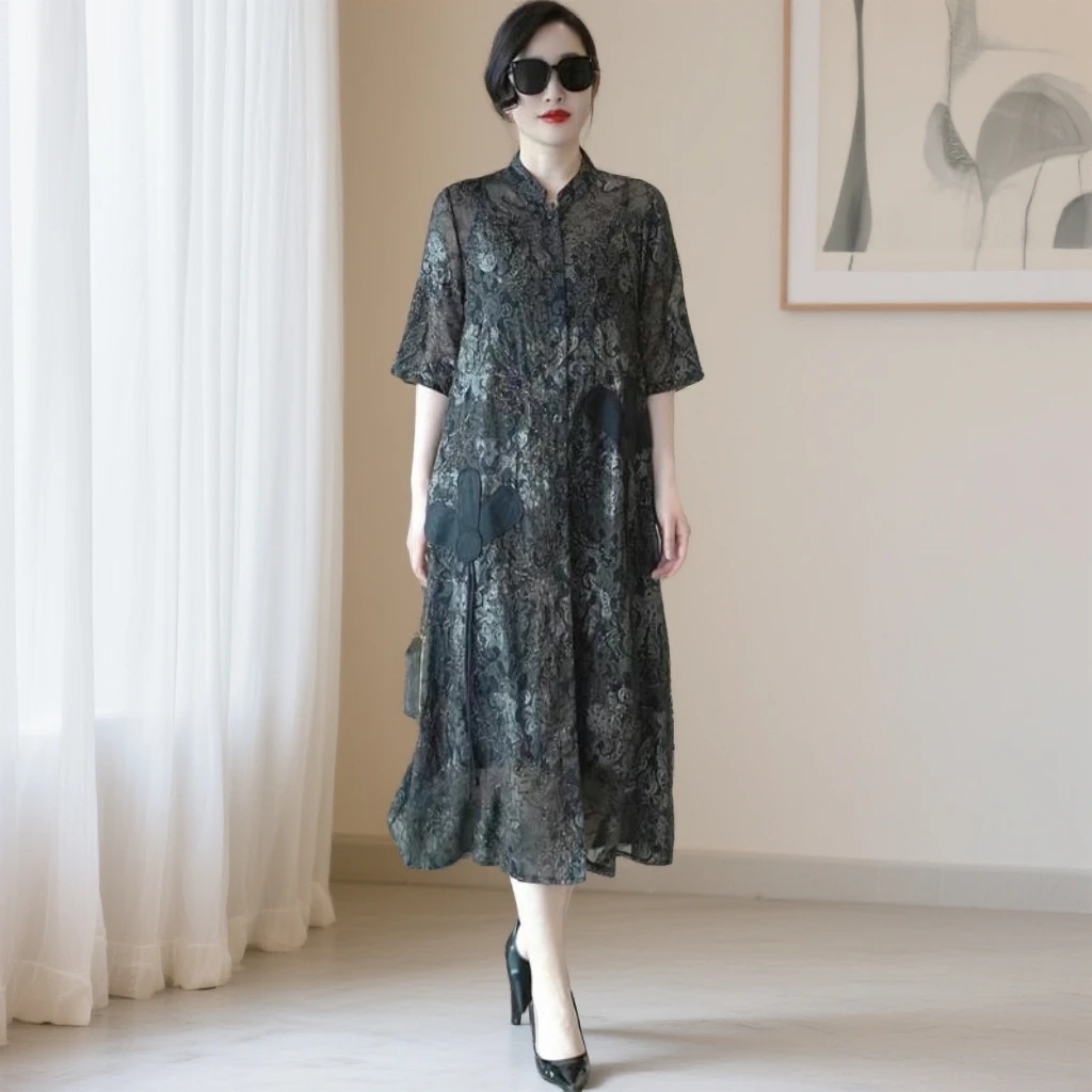 408短袖长款气质外披夏季高端大码开衫洋气妈妈薄款风衣外套