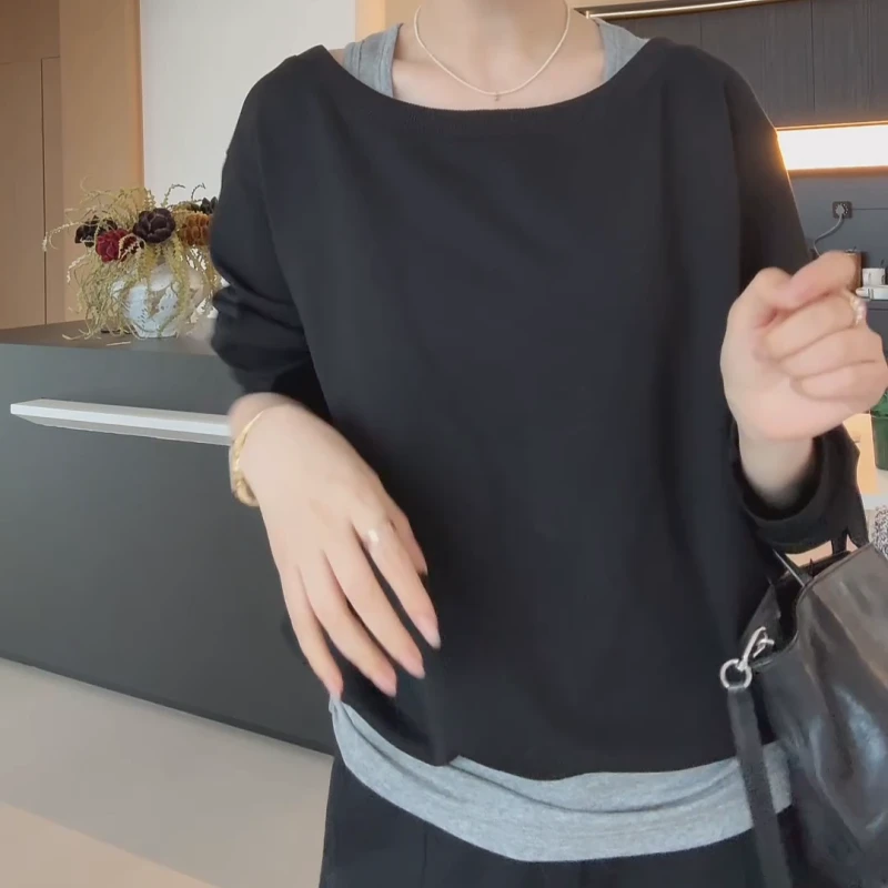 春秋高级感洋气撞色拼接假两件一字肩套头卫衣LK2501993