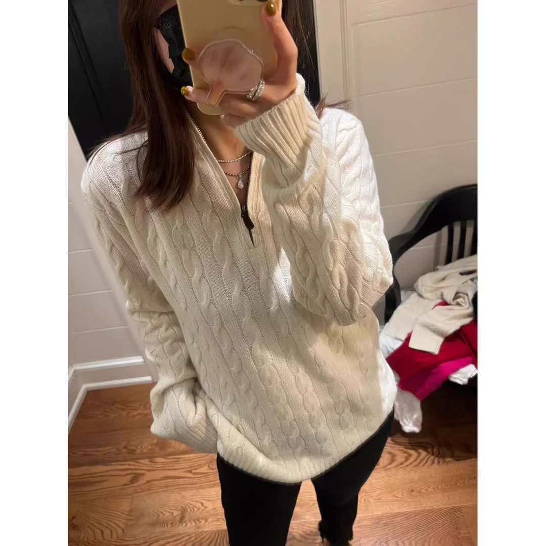 时尚减龄立领麻花毛衣女秋冬新款加厚100羊毛拉链翻领针织衫打底