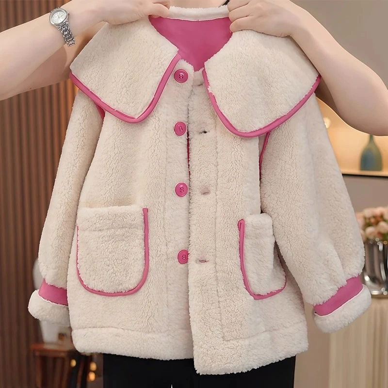 女童皮毛一体加厚外套秋冬2025儿童娃娃领毛大衣保暖毛毛衣卡通潮