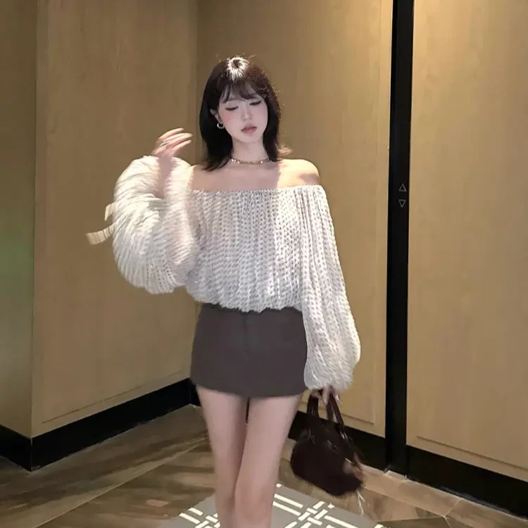 法式一字肩衬衫女早秋纯欲温柔气质宽松显瘦超好看花苞灯笼袖上衣