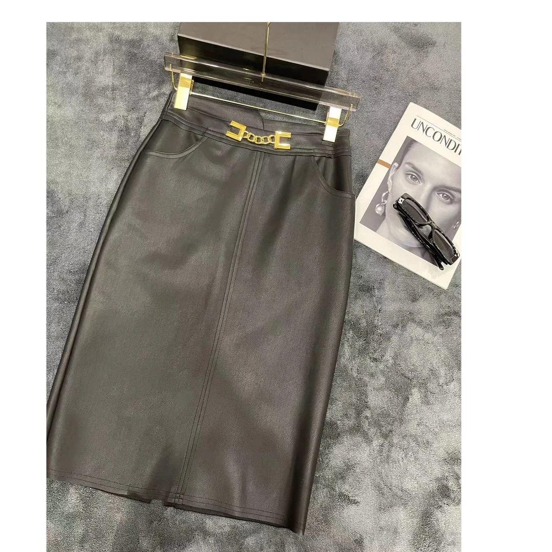 秋冬时尚气质修身显瘦搭百搭缝中长款直筒开叉皮料半身裙ML5+66