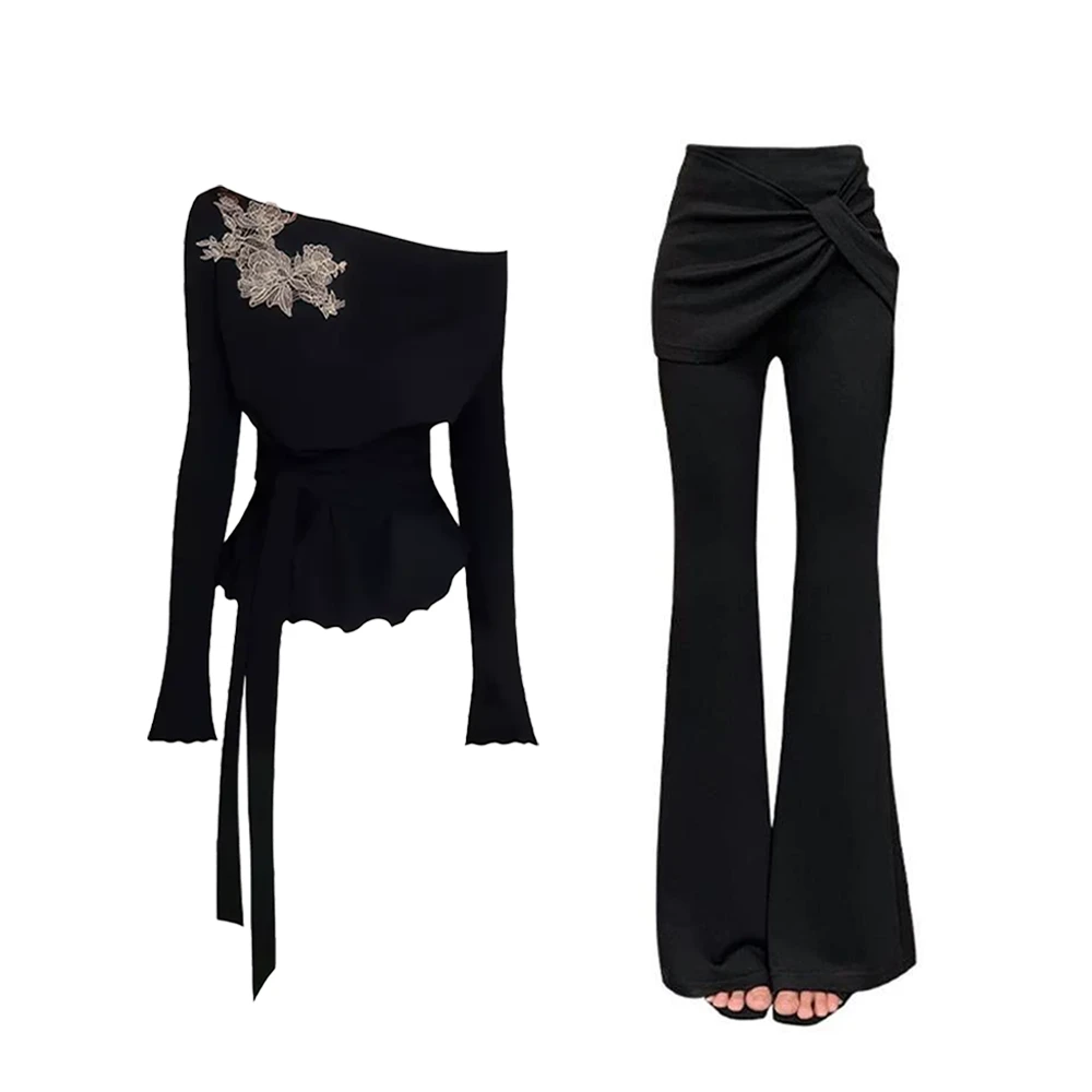 2025新款巨好看的早秋穿搭刺绣斜肩长袖上衣休闲裤套装女3466#