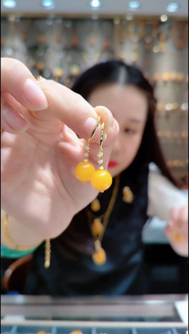 蜜蜡银S925镀金镶嵌珠宝奇石﹣A445蜜蜡耳坠