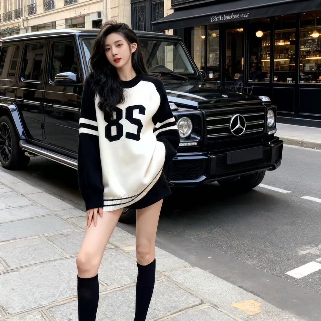 网红洋气慵懒风卫衣女秋冬韩版撞色圆领宽松时尚百搭条纹休闲上衣