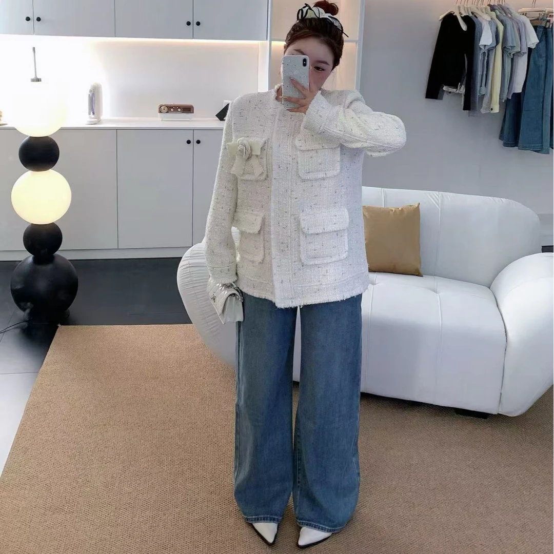 慧芝huizhi 山茶花小香 定制 春季新款正肩阔版白色香风外套24410