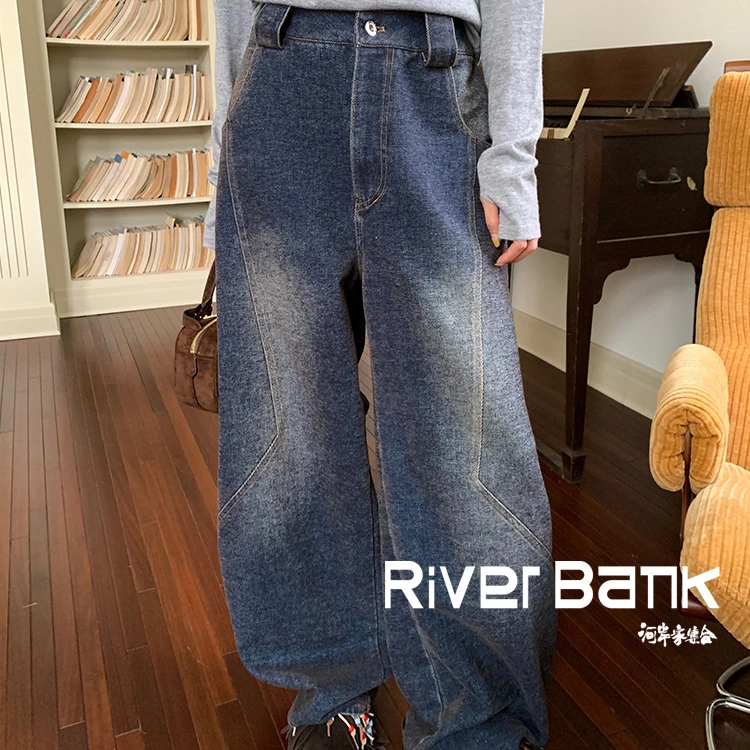 河岸家买手店设计师YANAG植绒分割做旧牛仔镰刀裤长裤25春