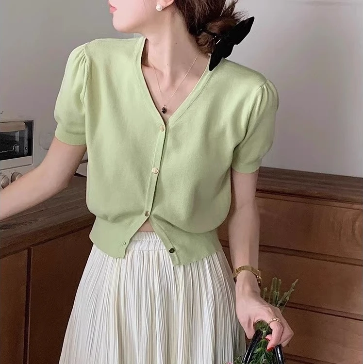 法式短袖t恤女夏薄牛油果绿泡泡袖针织小开衫冰丝短款v领上衣外套