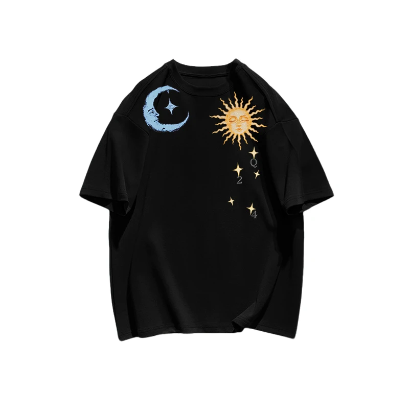 特大码300斤潮牌创意太阳月亮趣味印花宽松纯棉短袖t恤男ins上衣