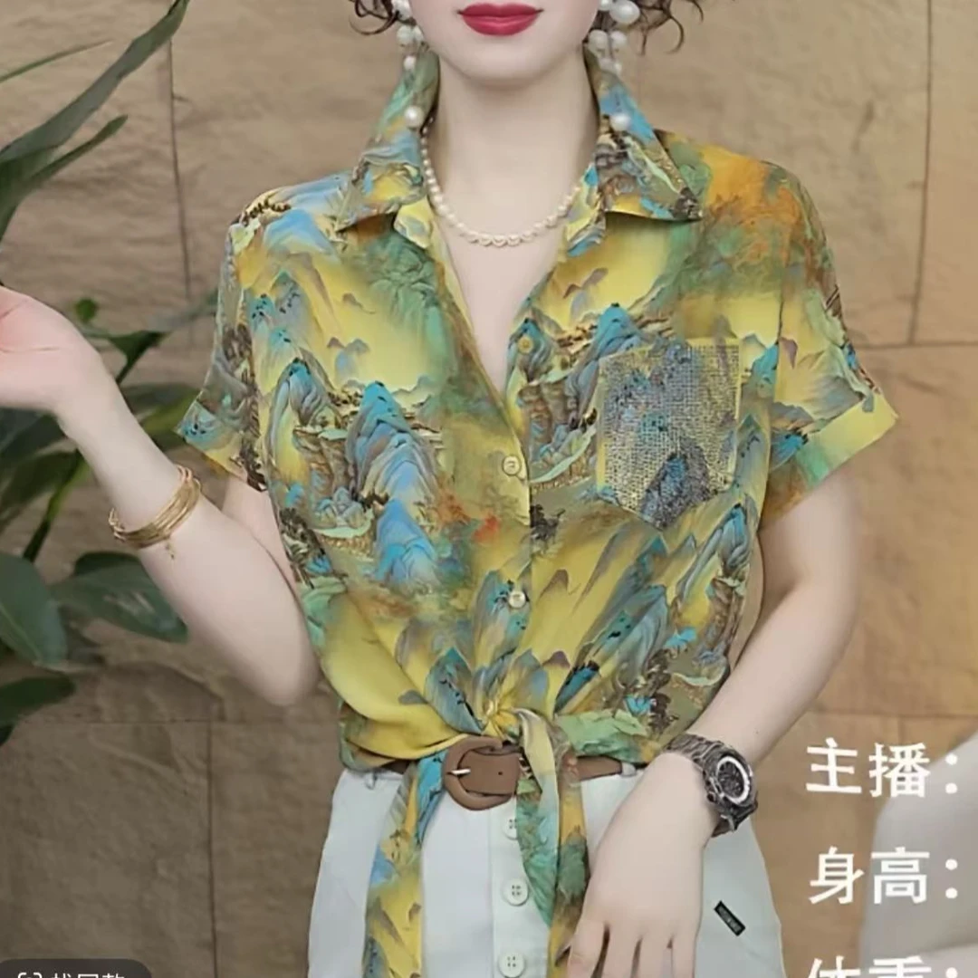 时尚洋气印花花边法式翻领系带高端烫钻小衫气质衬衫夏季短袖女装
