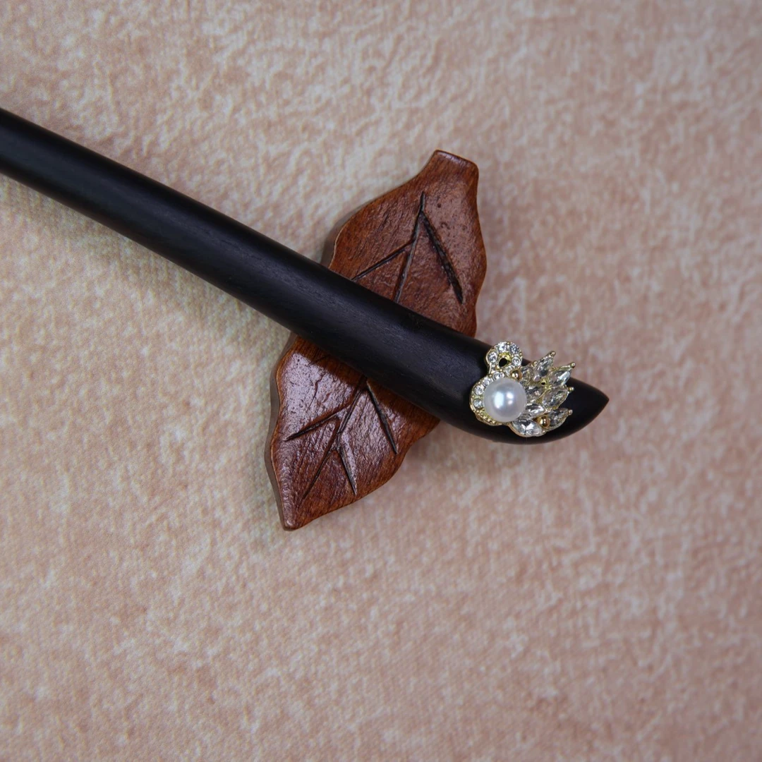 15厘米黑檀木盘发簪子双面小天鹅精致日常百搭简约