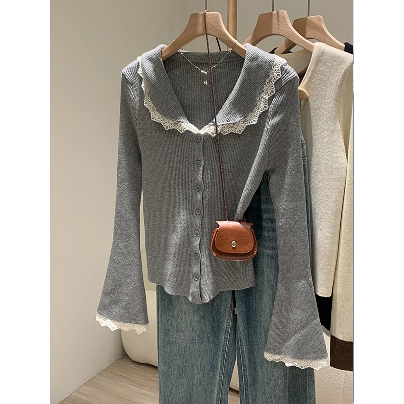 韩系chic蕾丝拼接V领长袖针织开衫女2025春季设计感修身内搭上衣