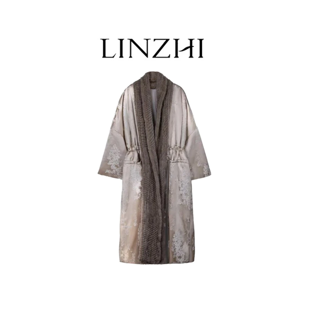 【红】2025春秋颂国风轻奢收腰水貂毛领提花桑蚕丝长款保暖外套