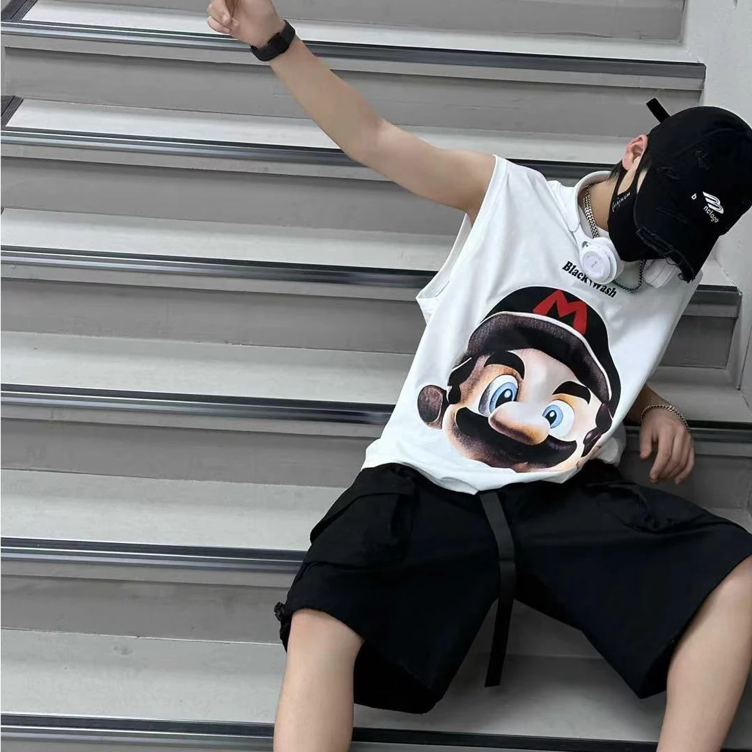 D623白色青少年时尚潮流休闲背心T恤