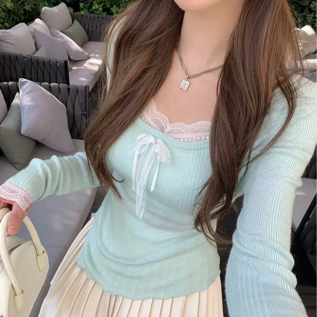 长袖INS风针织衫蕾丝蝴蝶结修身套装纯欲百搭时尚性感