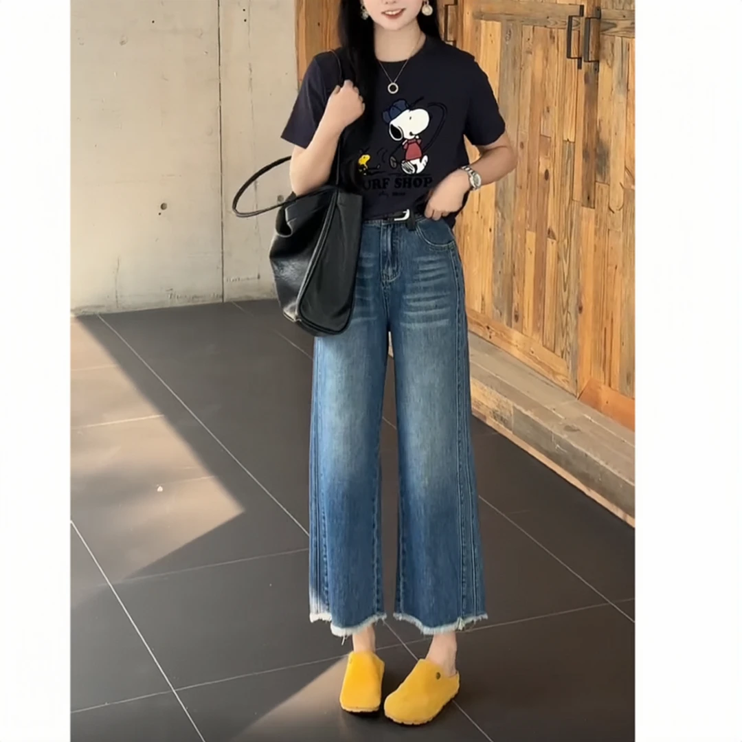 飞芊娅新款爆款宽松显瘦阔腿牛仔裤女时尚高腰小个子九分直筒裤子