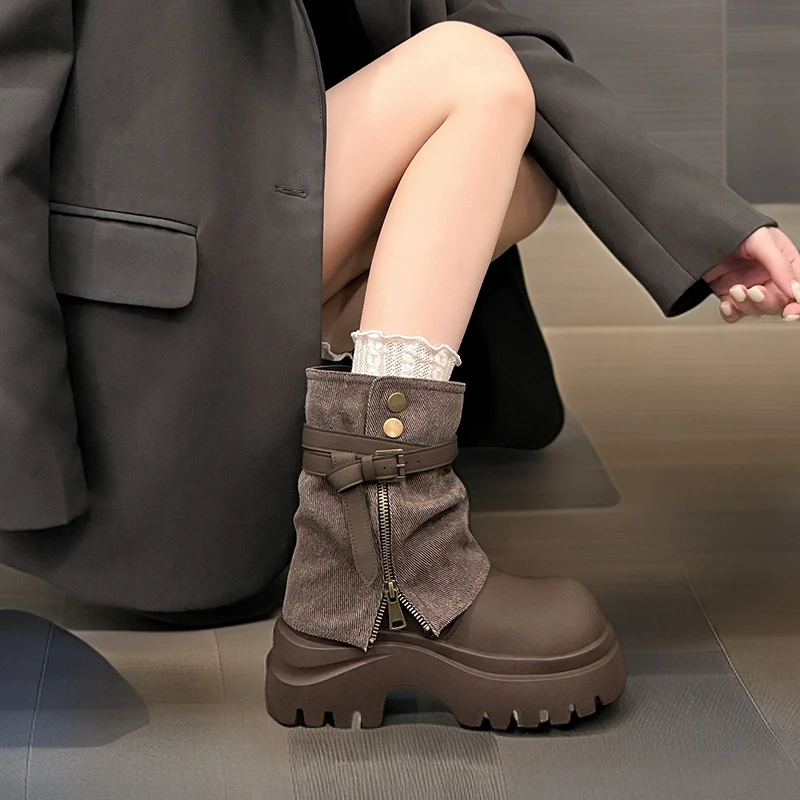 粗跟内增高马丁靴女2025秋季新款厚底小个子靴子百搭中筒裤管靴女