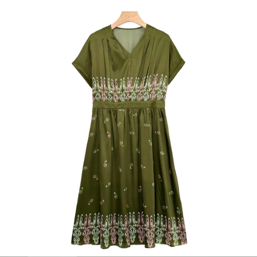 新款桑蚕丝连衣裙时尚显瘦宽松气质简约长裙舒适印花LW  946