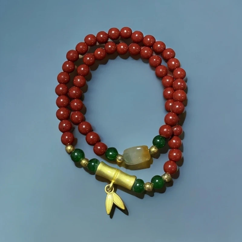 天然辰砂QS6051-朱砂双圈竹节精品手串